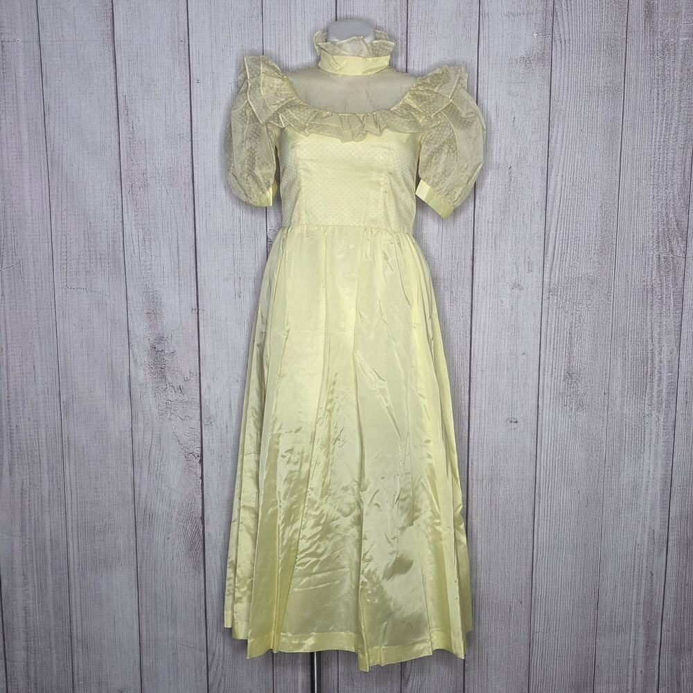 Vintage Handmade Yellow Princess Maxi Dress Puff Sleeve Ruffle Belle Costume - L